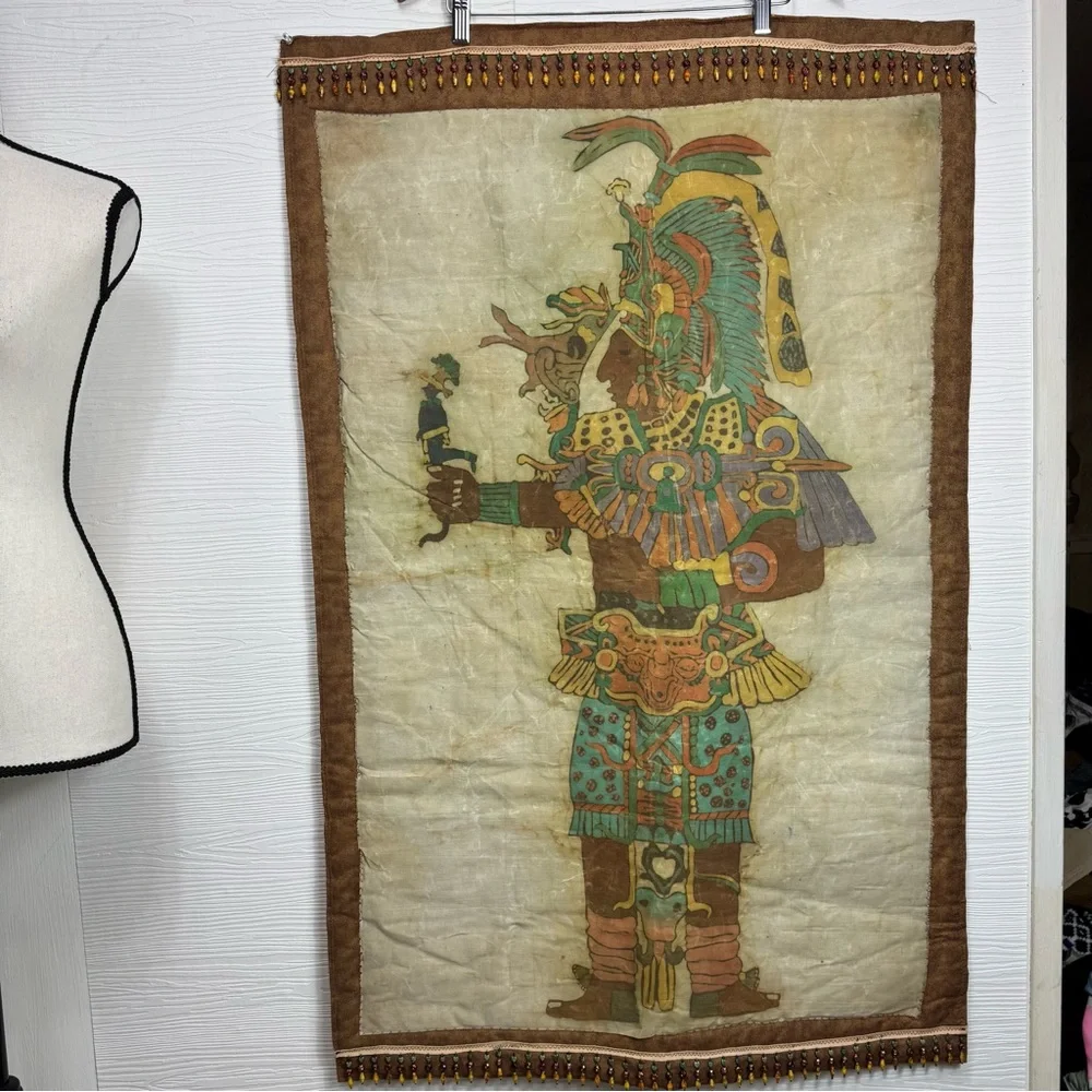 Mayan Warrior Tapestry Wall Hanging Beaded- Multicolor